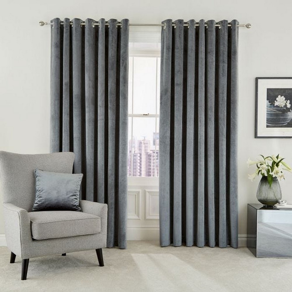 Escala Lined Eyelet Curtains in Steel Grey by Helena Springfield